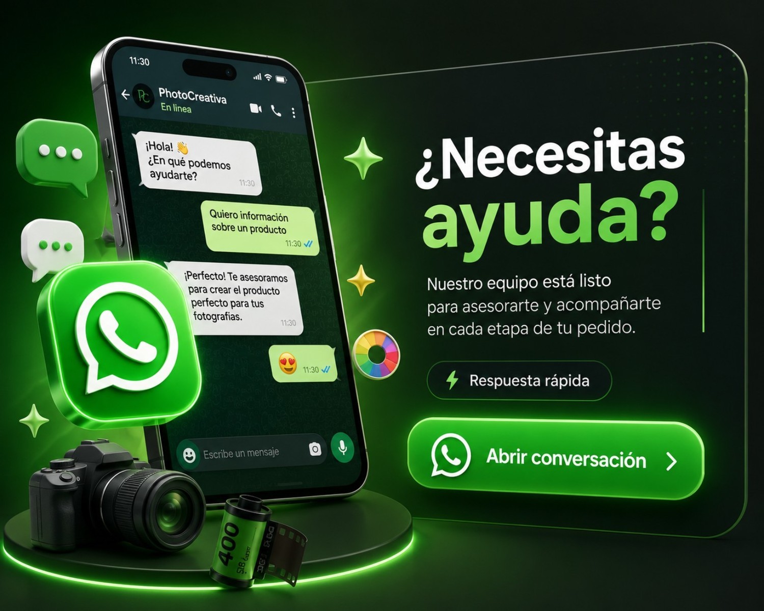 Atención de PhotoCreativa por WhatsApp